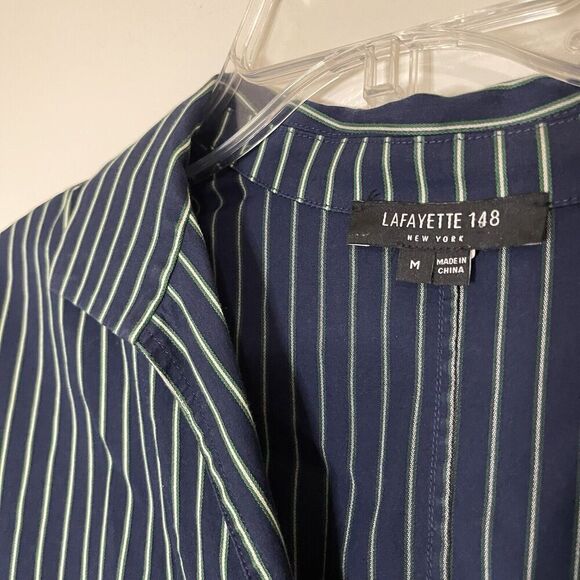 LAFAYETTE 148 New York navy green stripe short sleeve blouse top size medium - Picture 2 of 3